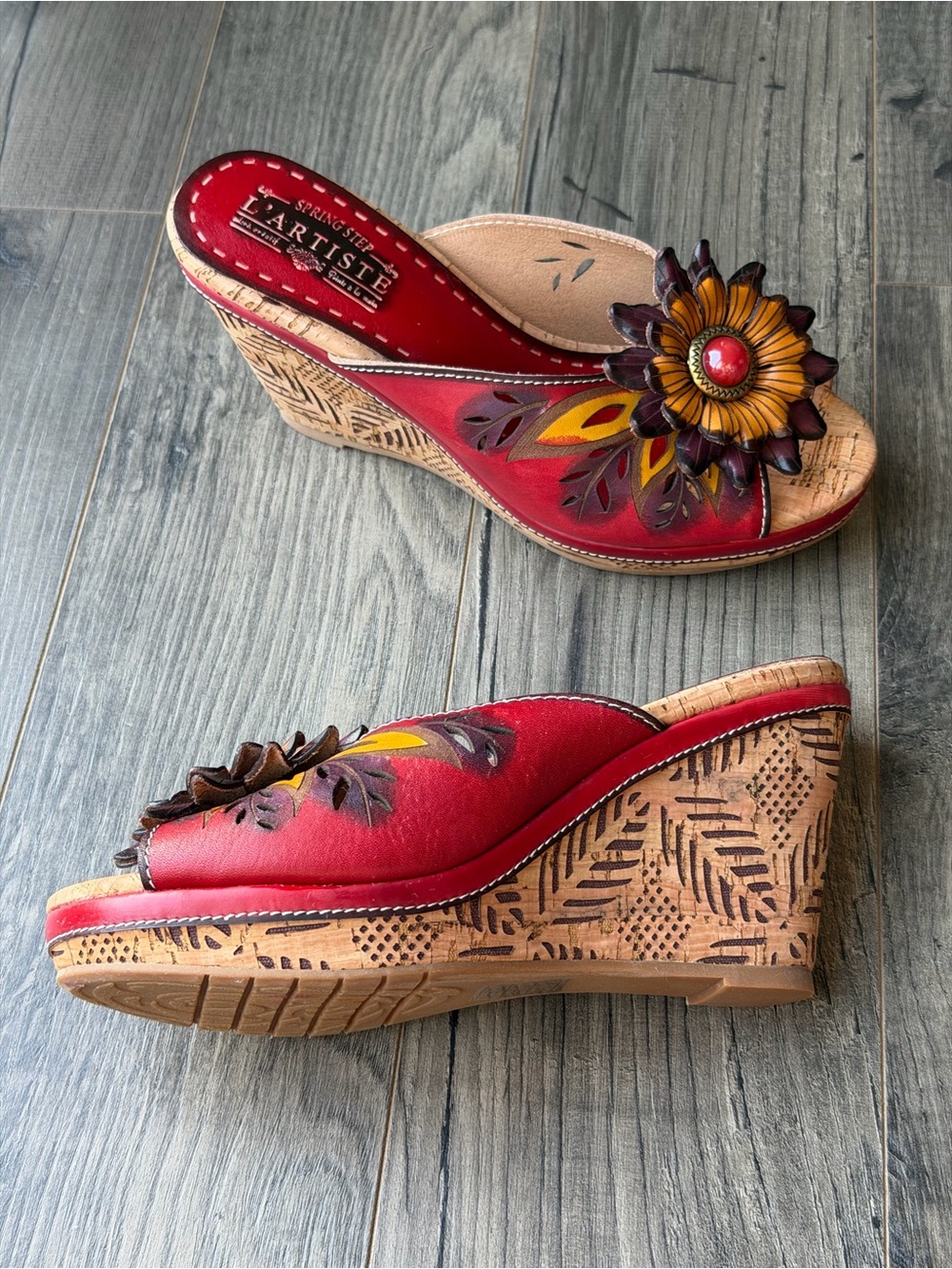 L'ATISTE Spring Step Bloom Red Floral Leather Cork Wedge Sandals Mules~US 6,5-7